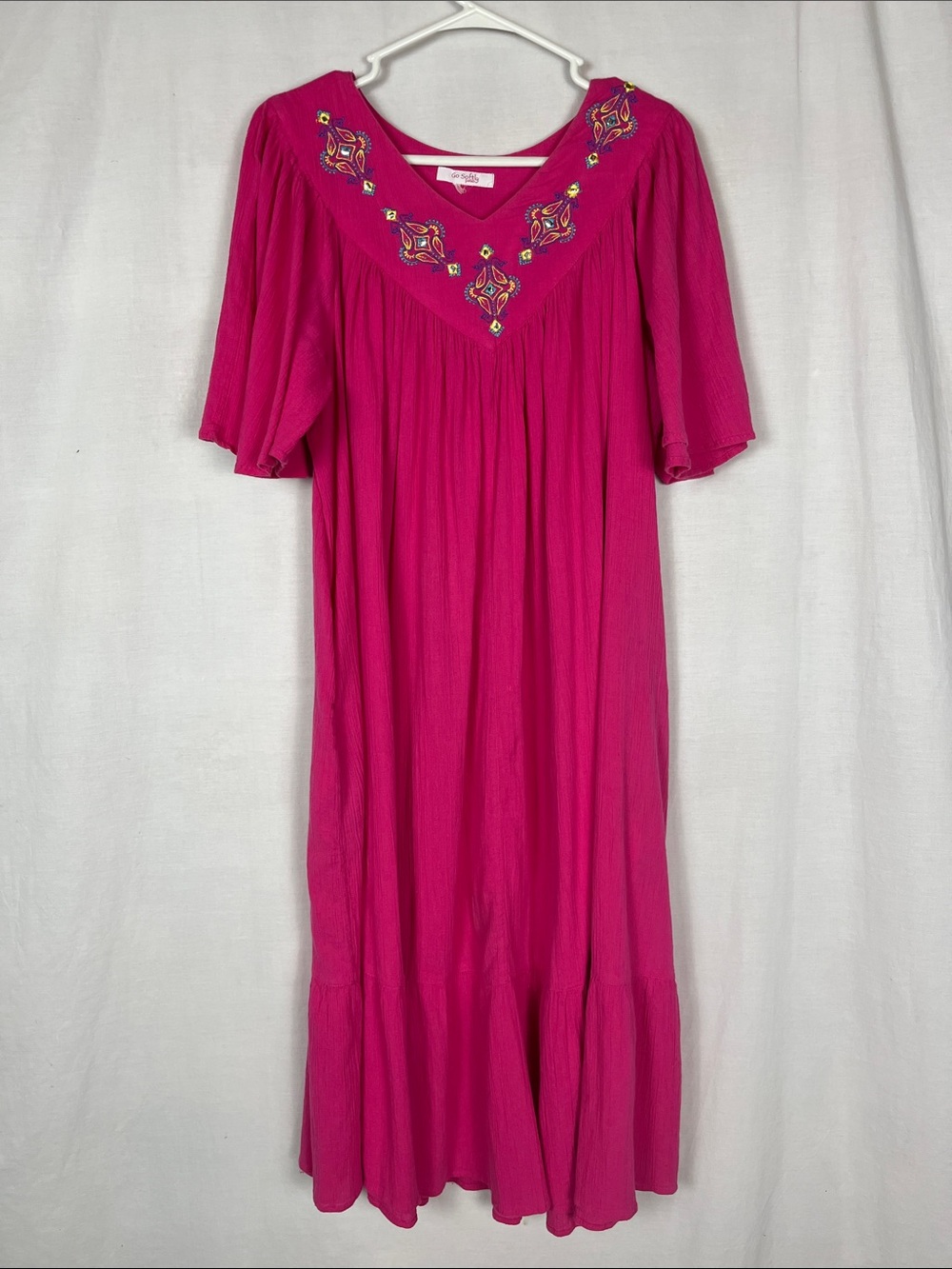 Go Softly Patio Hot Pink Embroidered Loose Midi Dress